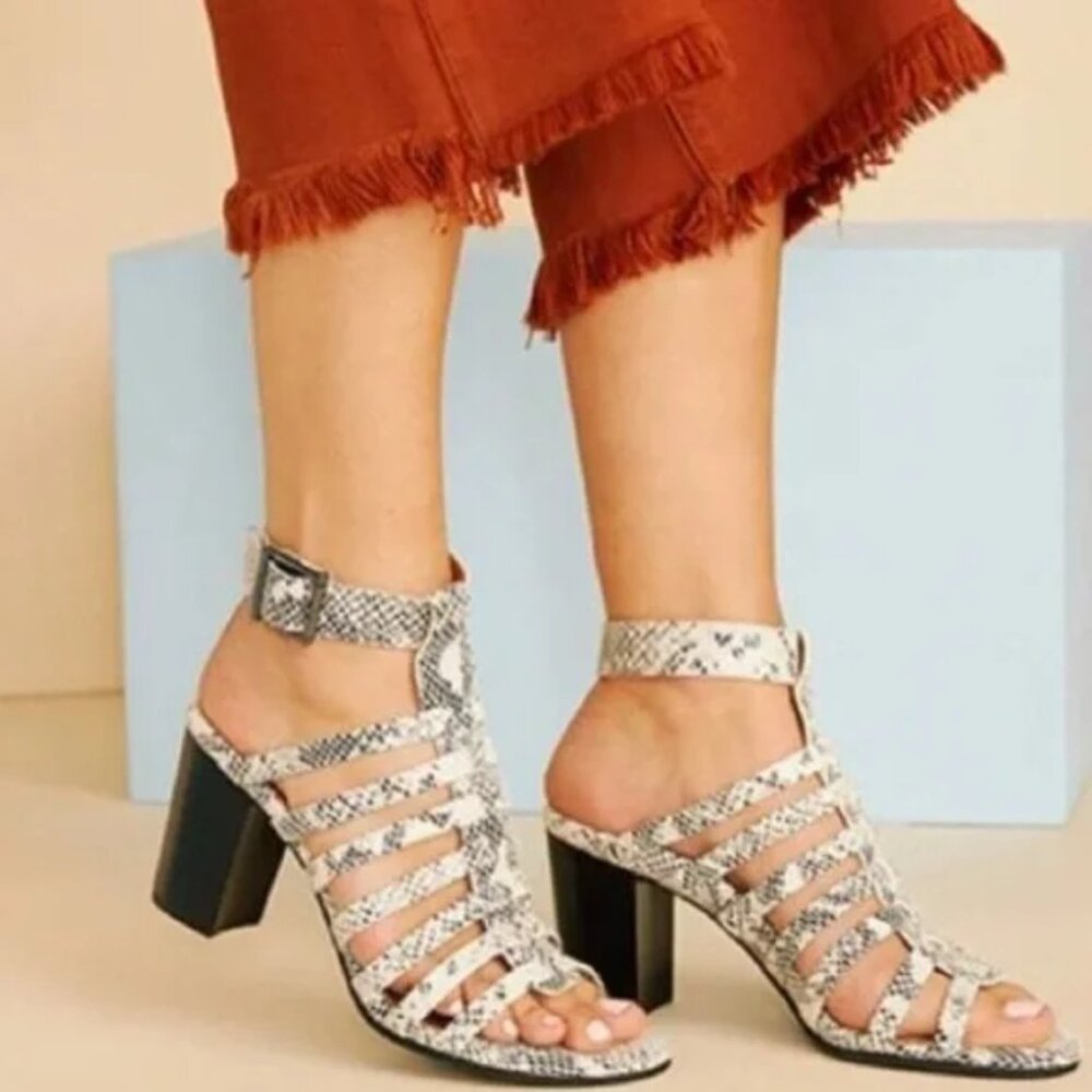 Vionic Womens Size 7 Sami Black White Snakeskin Cage Block Heels Sandals Shoes